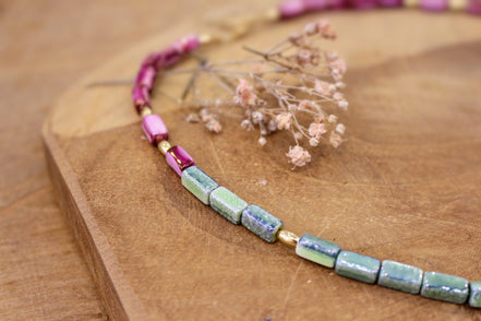 bijou perles de céramique rose et vert idée cadeau bijou artisanal