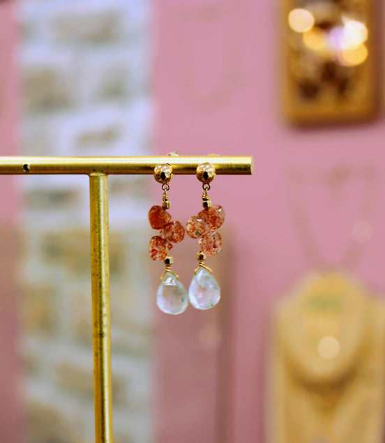Boucles d'oreilles GRAPPES pierres de soleil et préhnite épidote