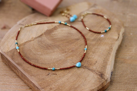 collier SUNDARA jaspe rouge et amazonite