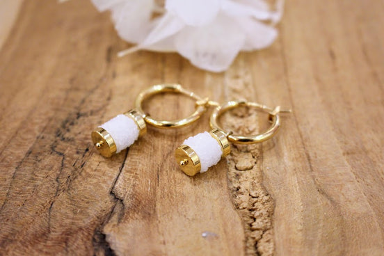 Boucles d'oreilles  SILENCE créoles et cristal de roche brut.
