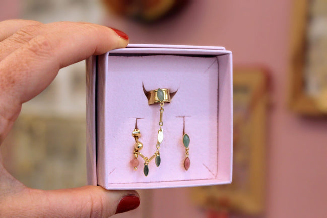 boucles d'oreilles asymétrique ear cuf vert rose et doré