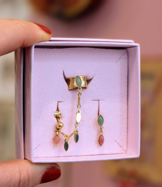 boucles d'oreilles asymétrique ear cuf vert rose et doré