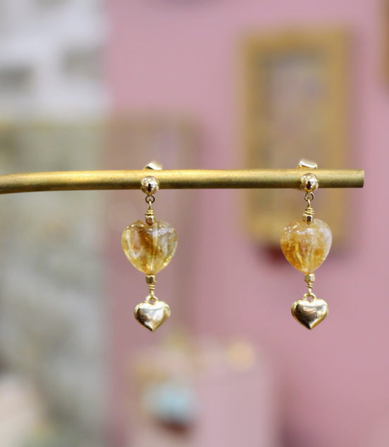 boucles d'oreilles doré coeur citrine