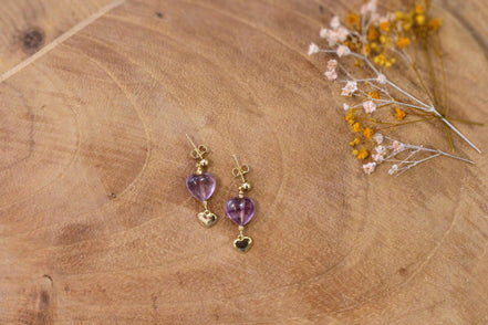 boucles d'oreilles dorées et cœur améthyste idée cadeau bijou femme