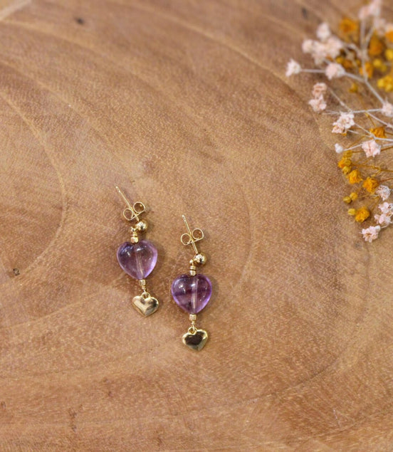 boucles d'oreilles dorées et cœur améthyste idée cadeau bijou femme