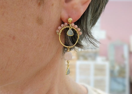 Idée cadeau bijou femme boucles d'oreilles dorées rosée vert