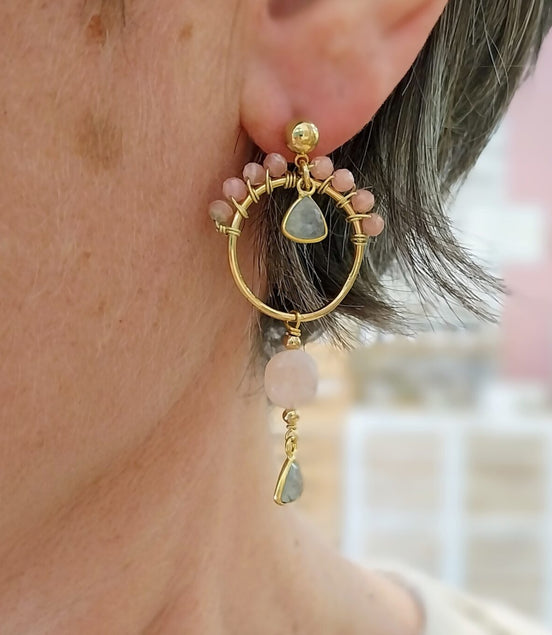 Idée cadeau bijou femme boucles d'oreilles dorées rosée vert