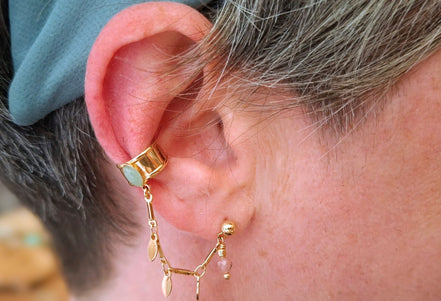 boucles d'oreilles ear cuf chaine vert rose et doré