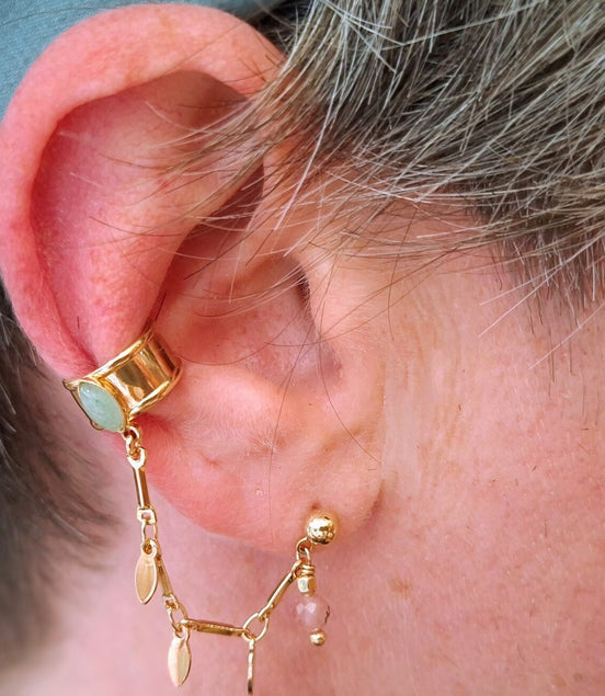 boucles d'oreilles ear cuf chaine vert rose et doré