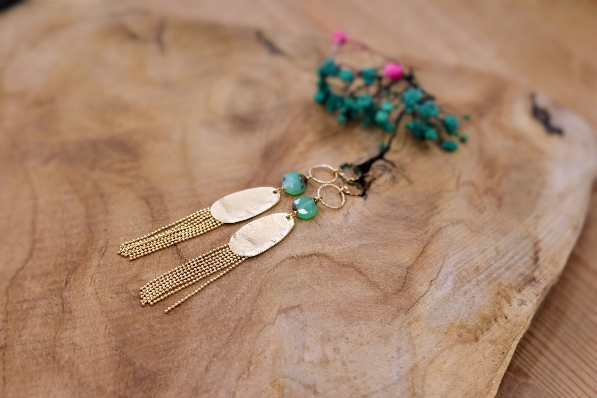 Boucles d'oreilles CALYPSO dorées - chrysoprase vert tendre