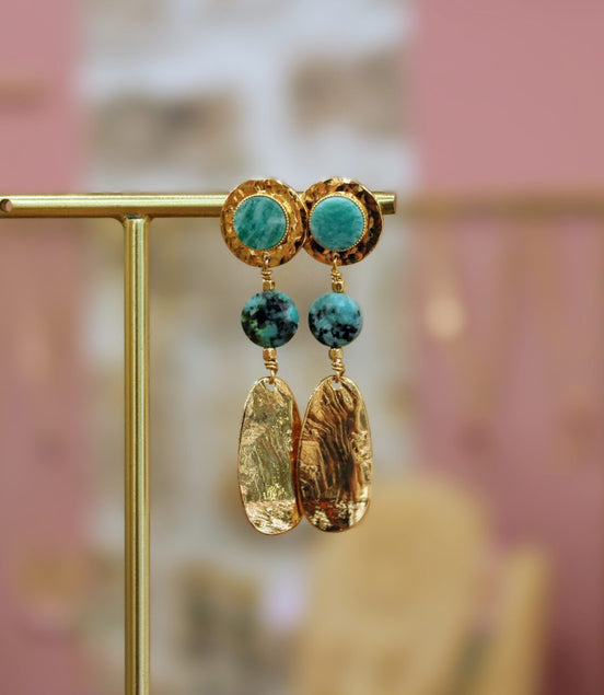 Boucles d'oreilles PIROGUE solaire doré - amazonite et jaspe africain