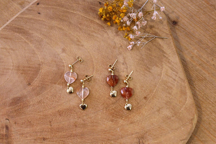 boucles d'oreilles pendantes pierres naturelles coeur quartz hématoïde idée cadeau bijou femme