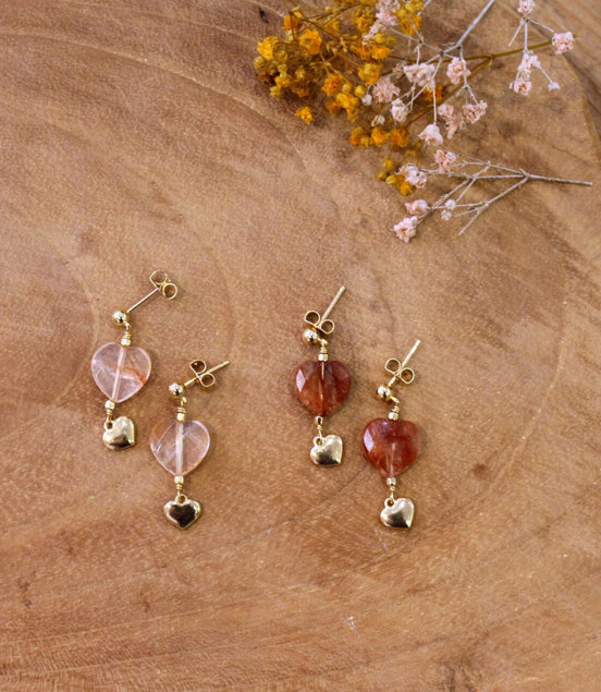 boucles d'oreilles pendantes pierres naturelles coeur quartz hématoïde idée cadeau bijou femme