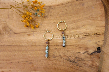 Idée cadeau bijou femme boucles d'oreilles pendantes sur créoles jaspe africain et labradorite