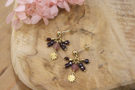 Boucles d'oreilles Pluie de grenats et quartz fraise
