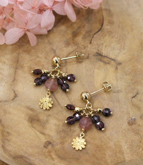 Boucles d'oreilles Pluie de grenats et quartz fraise