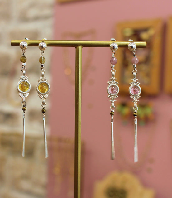 Boucles d’oreilles ATHENA argentées – Tourmaline rose ou jaune