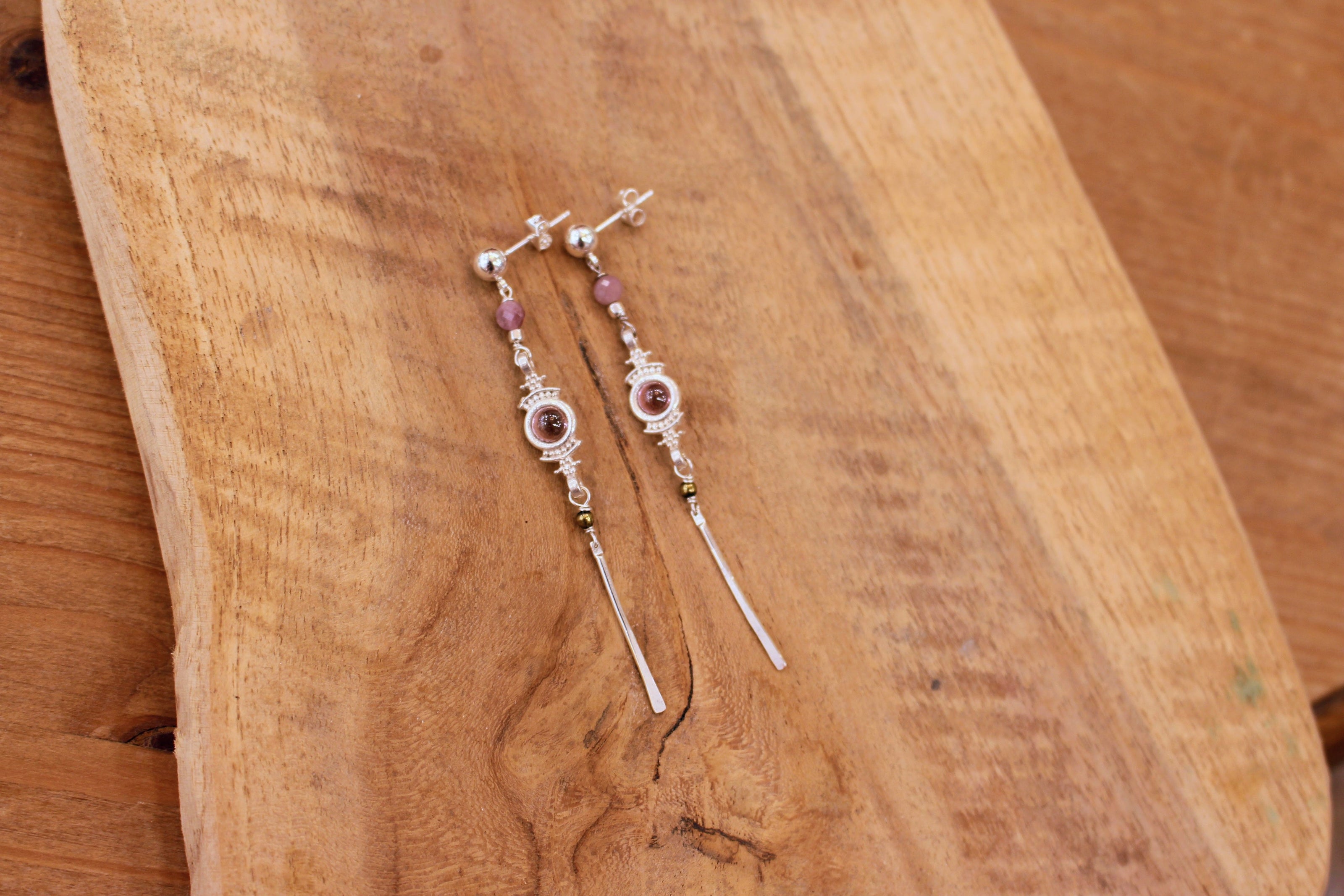 Boucles d’oreilles ATHENA argentées – Tourmaline rose ou jaune