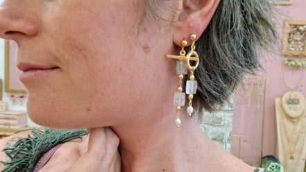 Boucles d'oreilles asymétriques LIMONATA LUNA doré - pierre de lune et perle d'eau douce
