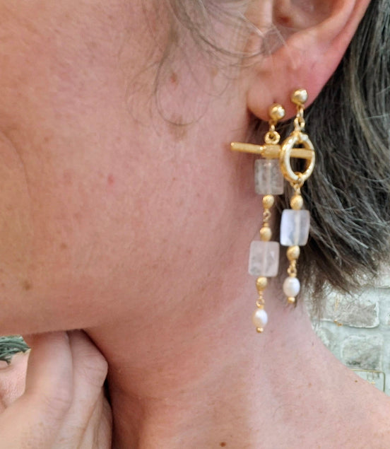 Boucles d'oreilles asymétriques LIMONATA LUNA doré - pierre de lune et perle d'eau douce