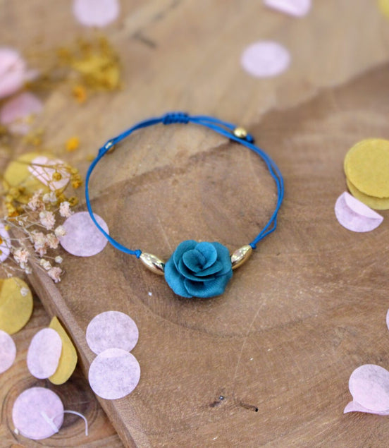 bracelet ajustable fleur bleu canard