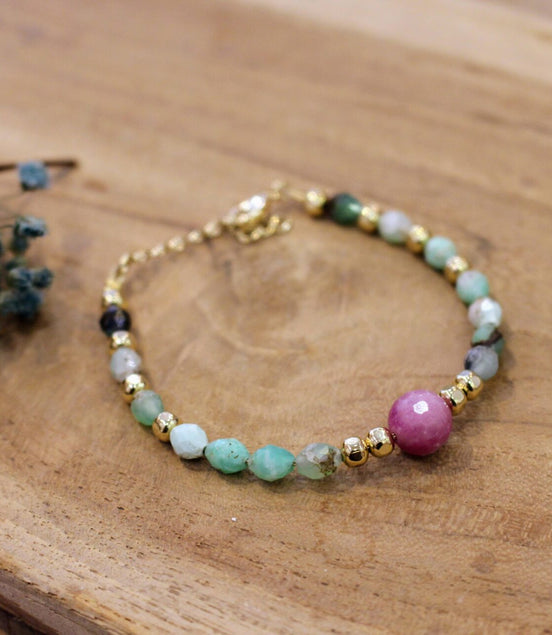 bracelet bijou femme pierres gemmes chrysoprase vert d'eau et saphir rose
