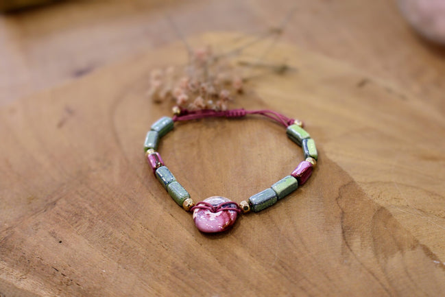bracelet céramique rose et vert bijou haute fantaisie artisanal