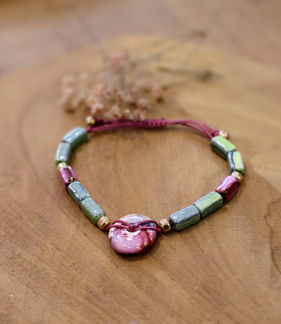 bracelet céramique rose et vert bijou haute fantaisie artisanal