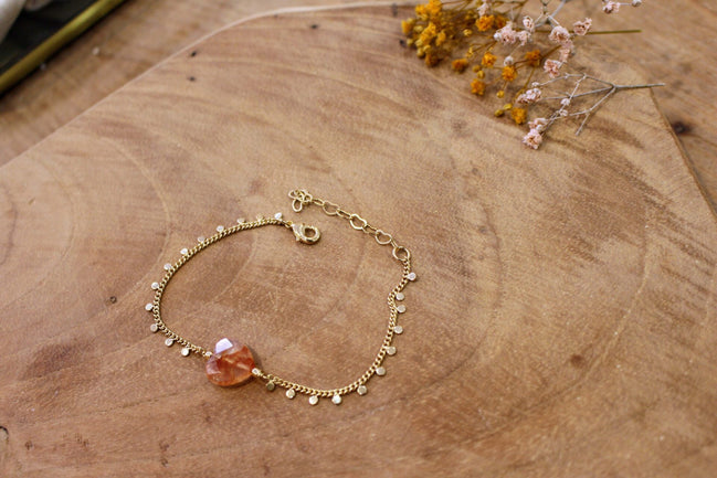 bracelet doré et coeur quartz hématoïde orange translucide