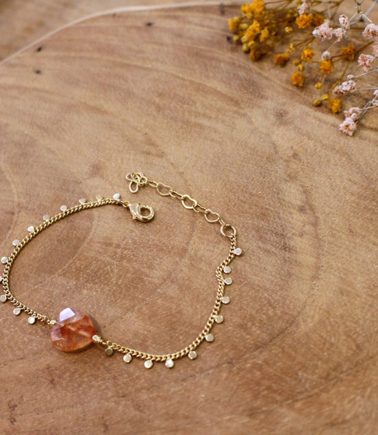 bracelet doré et coeur quartz hématoïde orange translucide