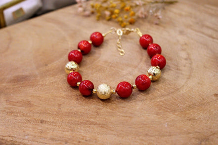 Bracelet grosses perles bambou rouge bracelet doré et rouge femme