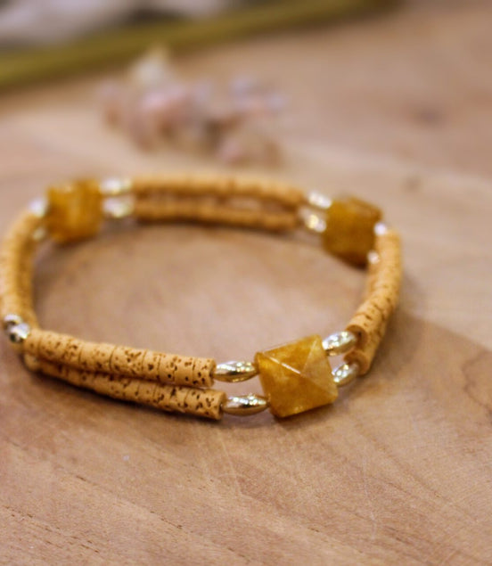 bracelet elastique pierres de lave jaune ocre et citrine
