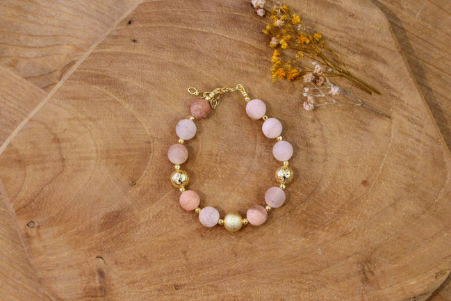 Bijou doré femme bracelet femme doré grosses perles aventurine rose dépoli