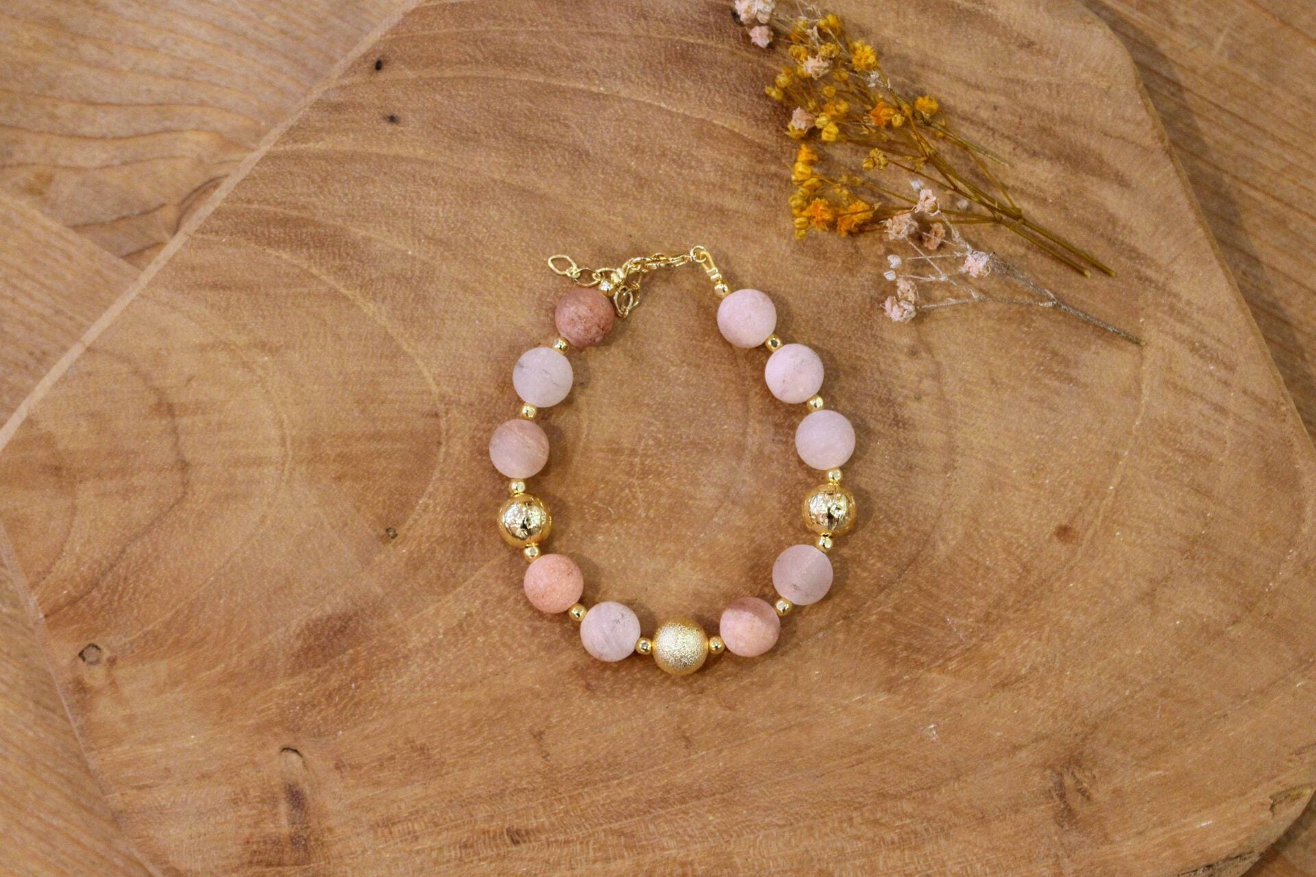 Bijou doré femme bracelet femme doré grosses perles aventurine rose dépoli