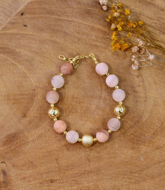 Bijou doré femme bracelet femme doré grosses perles aventurine rose dépoli