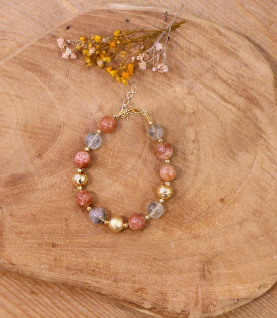 Bracelet doré femme idée cadeau bracelet grosse perle pierre de soleil