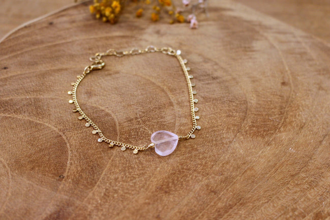 cœur en quartz rose bracelet doré femme