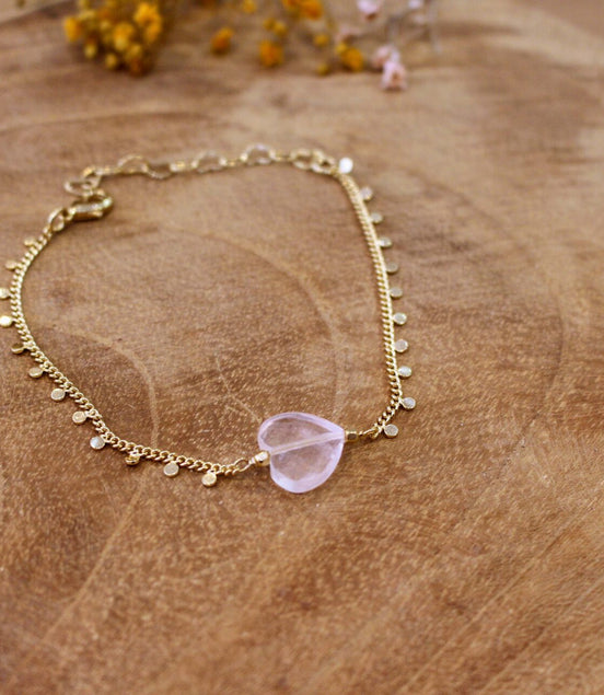 cœur en quartz rose bracelet doré femme