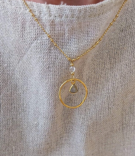 Idée cadeau bijou femme collier doré anneau labradorite