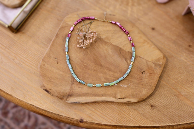 bijou perles de céramique rose et vert idée cadeau bijou artisanal
