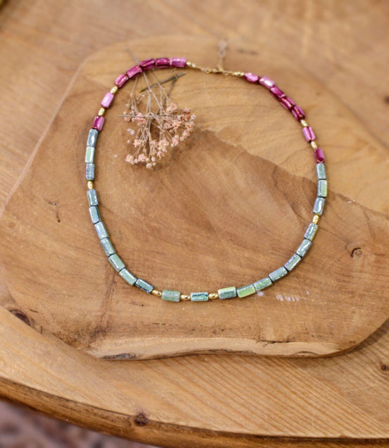 bijou perles de céramique rose et vert idée cadeau bijou artisanal