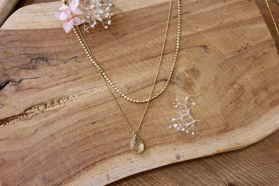 collier doré inspiration double rang pendentif citrine