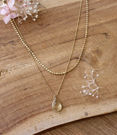 collier doré inspiration double rang pendentif citrine