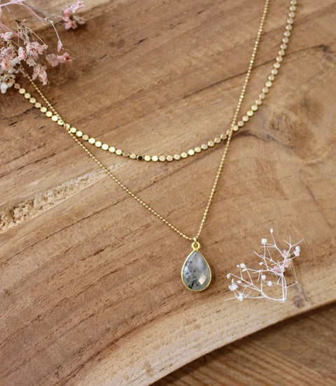 collier doré double rang pendentif phrénite épidote