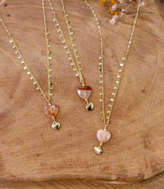 collier pendentif cœur en pierre naturelle rouge orange