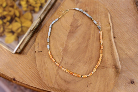 collier ras du cou céramique bleu gris et orange