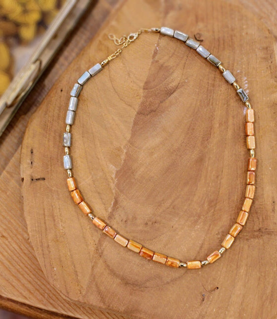 collier ras du cou céramique bleu gris et orange