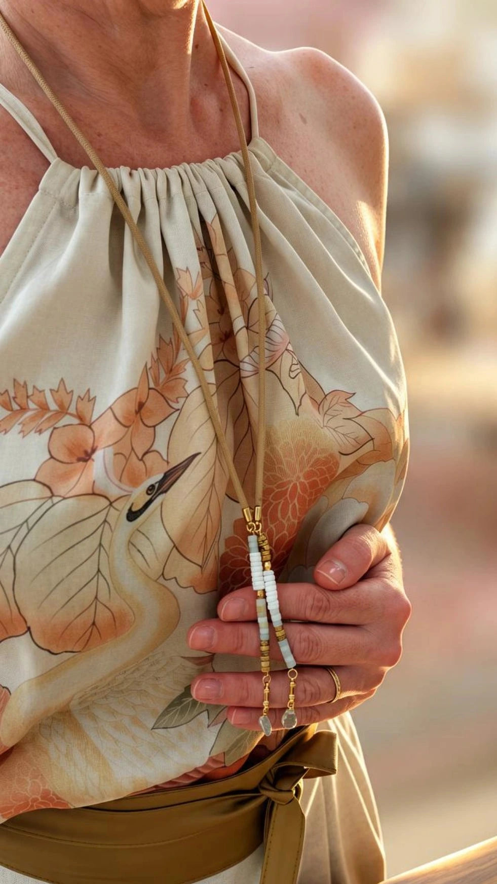 collier long sautoir PLAKA nacre - jaspe - amazonite -aigue marine