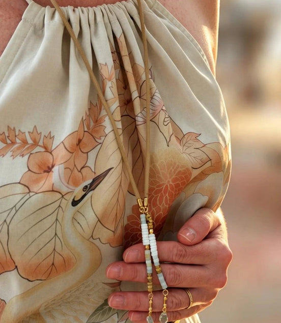 collier long sautoir PLAKA nacre - jaspe - amazonite -aigue marine
