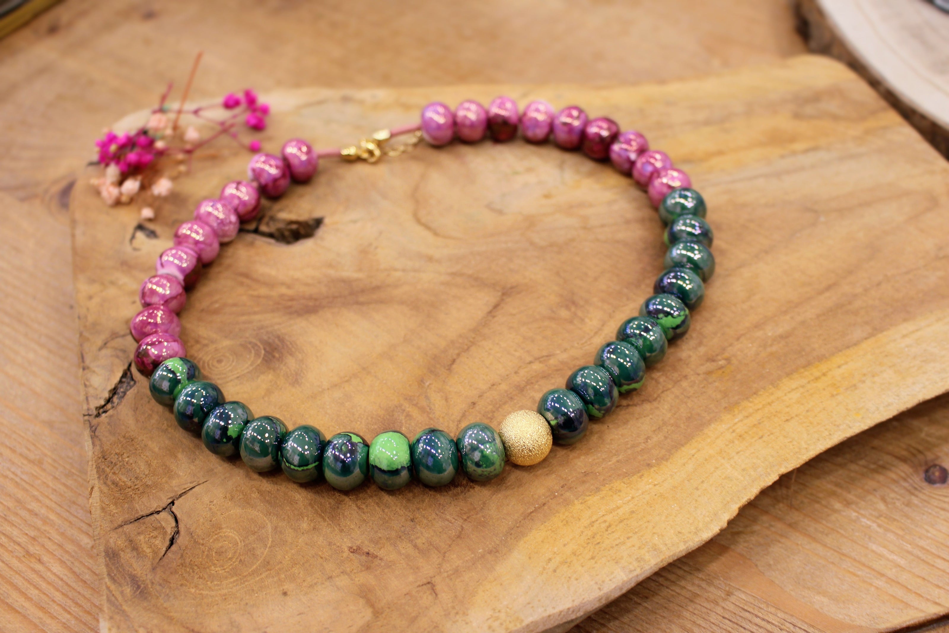 collier GAÏA SUCREE vert et rose